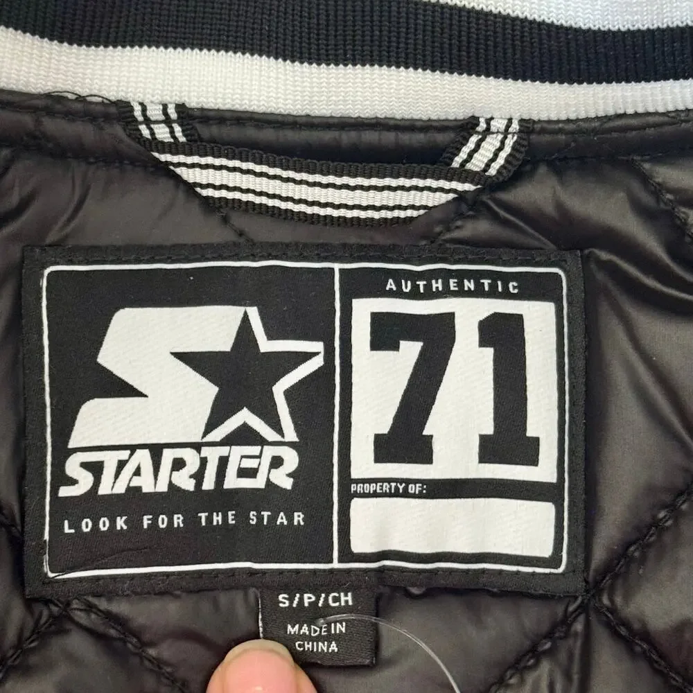 Starter Varsity Jacket Bomber Snap Front Satin Logo Retro Small Black NEW